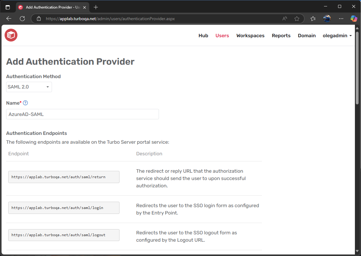 Azure AD SSO + SAML 2.0 server settings 1